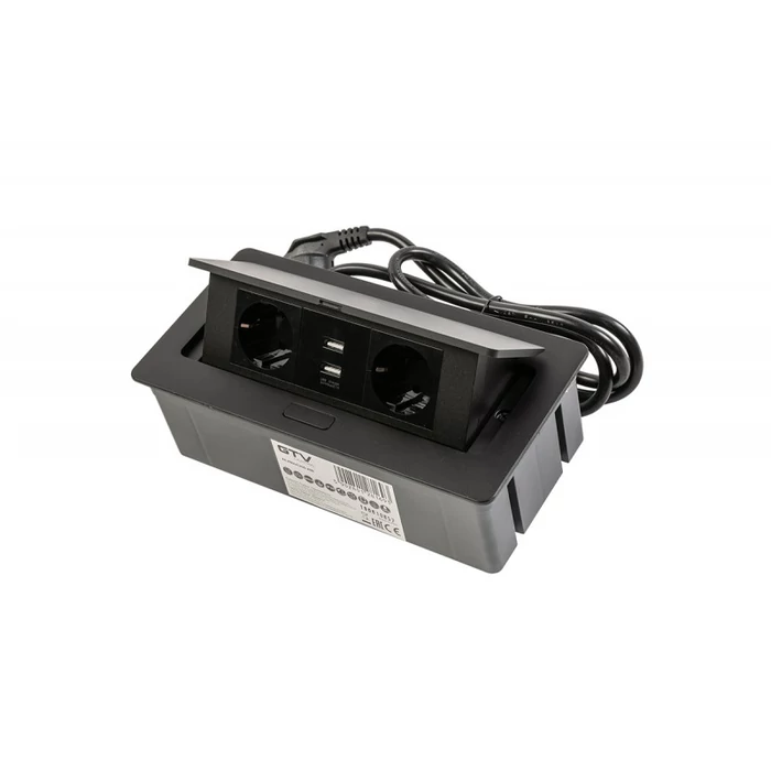 Elosztó felnyíló + kábel 2 konnektor + 2USB, Fekete Elosztó felnyíló + kábel 2 konnektor + 2USB, Fekete