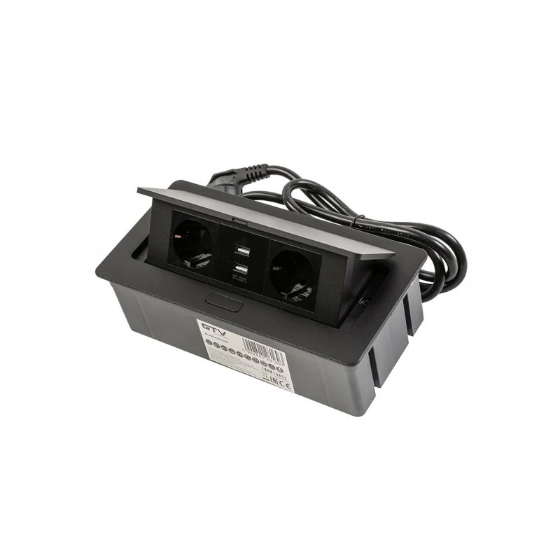 Elosztó felnyíló + kábel 2 konnektor + 2USB, Fekete Elosztó felnyíló + kábel 2 konnektor + 2USB, Fekete