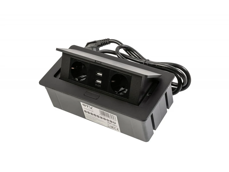 Elosztó felnyíló + kábel 2 konnektor + 2USB, Fekete