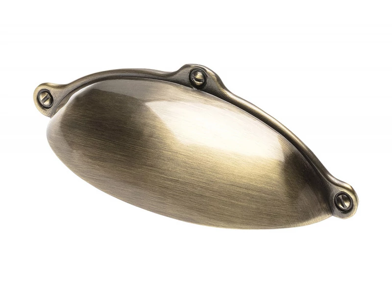 Fém bútorfogantyú, kagyló alakú, szálcsiszolt bronz színben